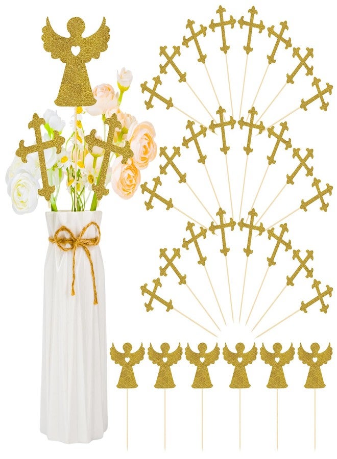 KFPPLXQ 30 Pcs Cross Centerpiece Sticks, Glitter Gold Double Sided Cross Cake Topper and Angel Baptism Centerpieces for Baptism Christening Party Table Toppers Flower Decoration - Image 1
