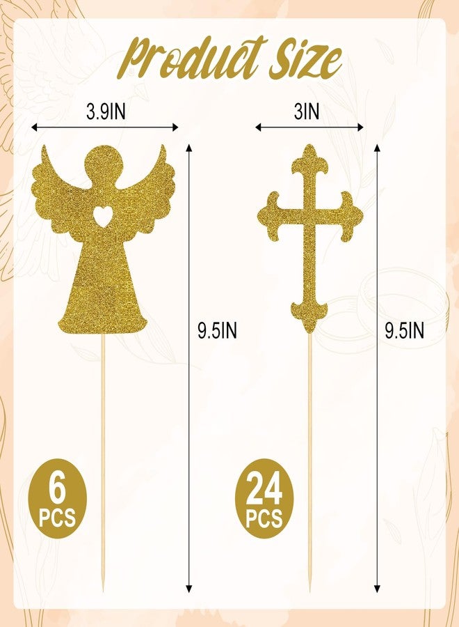 KFPPLXQ 30 Pcs Cross Centerpiece Sticks, Glitter Gold Double Sided Cross Cake Topper and Angel Baptism Centerpieces for Baptism Christening Party Table Toppers Flower Decoration - Image 2