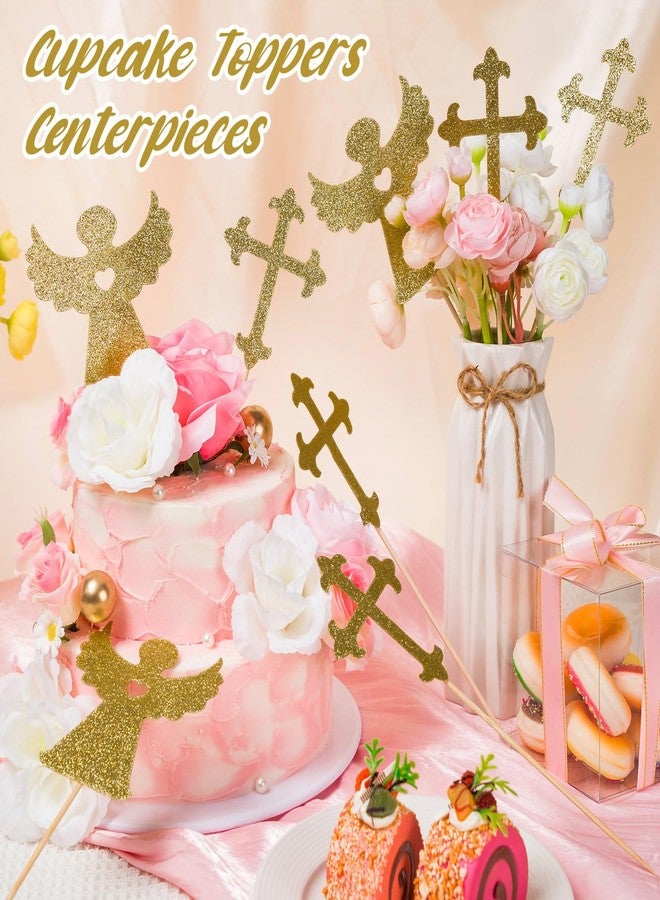 KFPPLXQ 30 Pcs Cross Centerpiece Sticks, Glitter Gold Double Sided Cross Cake Topper and Angel Baptism Centerpieces for Baptism Christening Party Table Toppers Flower Decoration - Image 3