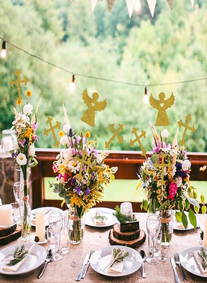 KFPPLXQ 30 Pcs Cross Centerpiece Sticks, Glitter Gold Double Sided Cross Cake Topper and Angel Baptism Centerpieces for Baptism Christening Party Table Toppers Flower Decoration - Image 4