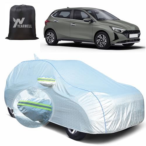 YEARWELL Car Body Cover for Hyundai i20 (2021 to 2025), 100% Waterproof, Heat-Resistant with Mirror & Antenna Pockets, Soft Cotton Lining, Triple Stitched, Piping & Reflector (Reflective Silver) - Image 1