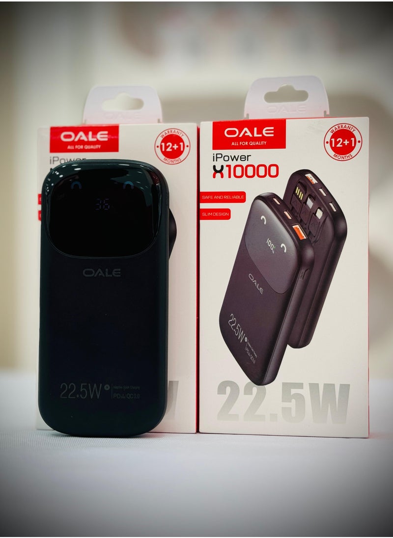 OALE 10000mAh, Digital Display Power Bank, 22.5W Fast Charging, Built-in Apple + Type-C Cables  - Image 2