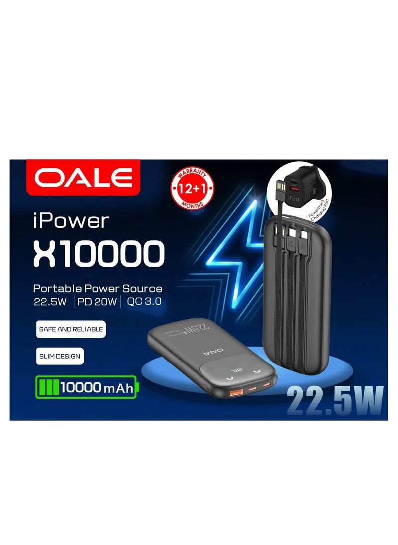 OALE 10000mAh, Digital Display Power Bank, 22.5W Fast Charging, Built-in Apple + Type-C Cables  - Image 3