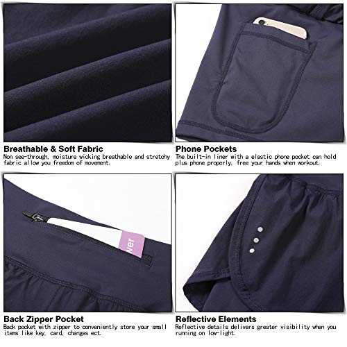 Soothfeel Women's 2 in 1 Running Shorts Workout Athletic Gym Yoga Shorts for Women with Phone Pockets Navy Blue - Image 5