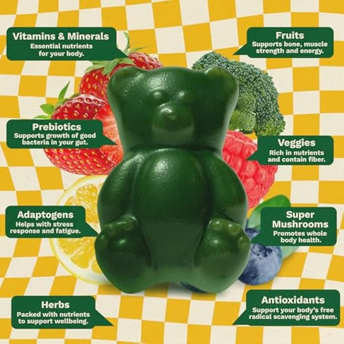 Grüns Gruns Multivitamin for Kids, Sugar-Free, Super Greens Superfood Gummy Bears with 20 Vitamins & Minerals, Alfalfa, Spirulina, Chlorella, Prebiotics Fiber for Digestive Health, Adaptogens, 28 ct - Image 4