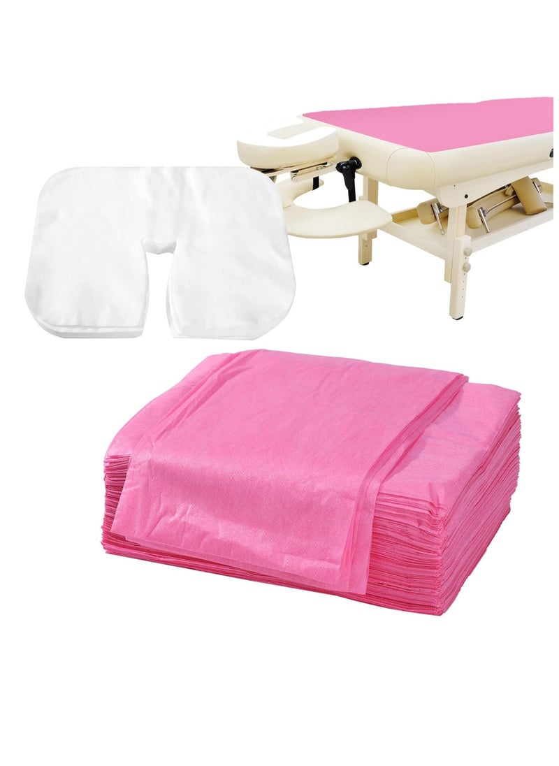 Excefore 100 Pieces Disposable Non Woven Massage Table Sheets Set Include 50 Pieces 31x71 Inches Soft Massage Bed Sheet & 11x14 Inches Face Cradle Covers For Massage Beauty Salon - Pink  - Image 1