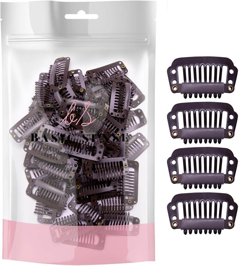 BasicSense 60 pcs Hair Extensions Strong Metal Snap Teeth Clips Hairpiece DIY Clip Small Dark Brown