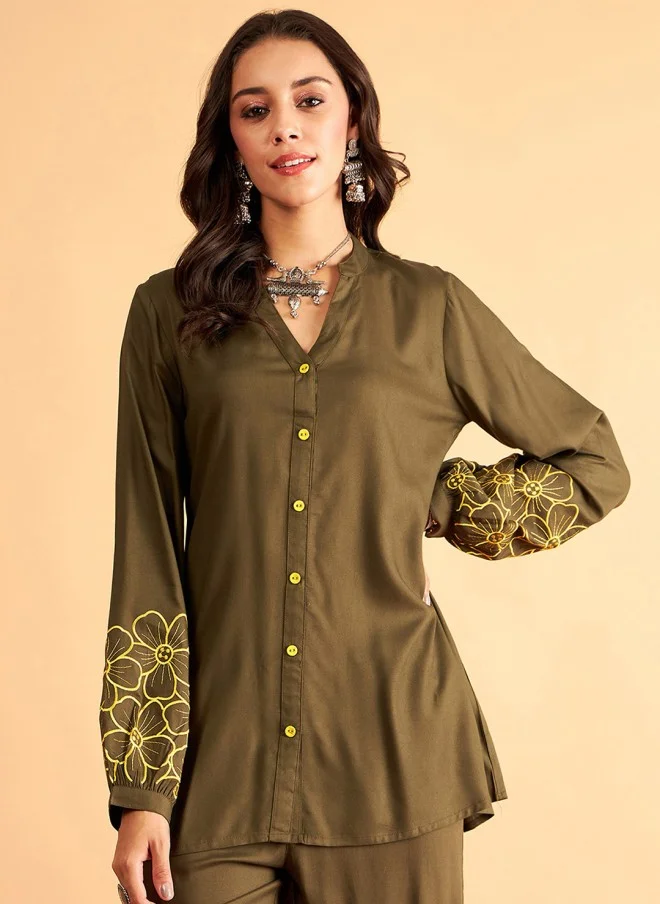 SASSAFRAS Floral Embroidered Oversized Shirt for Women