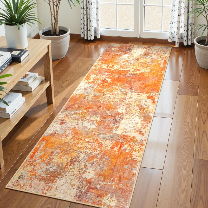 Lahome Modern Abstract Runner Rug 2x6 Hallway Runner Rugs Long Bathroom Runner Washable Carpet Runner Contemporary Soft Non Skid Indoor Floor Runners for Kitchen Laundry Room YellowGoldCream
