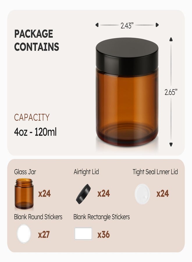 Tecohouse 4 oz Glass Jars with Lids, 24 Pack Amber Small Glass Jars with Black Lids Leakproof Round Airtight Empty Cosmetic Travel Containers with Inner Liners For Lotions Powders and Candle Making - Image 3