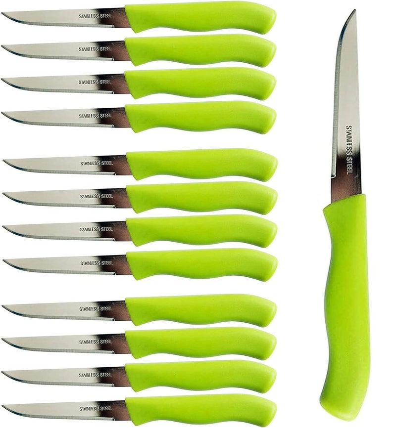 Brenium Paring and Garnishing Knife 12Piece Set Knives with Straight Edge 3 Inch Blade Stainless Steel Spear Point Fruit and Vegetable Cutting and Peeling Green