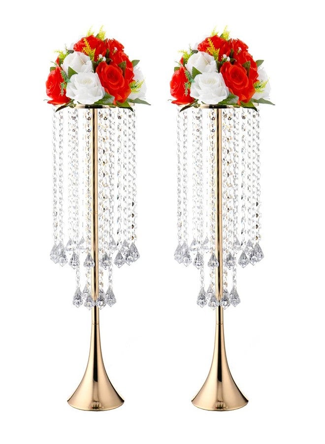 LANLONG 21.88in Gold Wedding Centerpieces for Tables, 2pcs Wedding Flower Stand with Crystal Bead, Metal Tall Vases for Centerpieces Birthday Party Event Decoration - Image 1