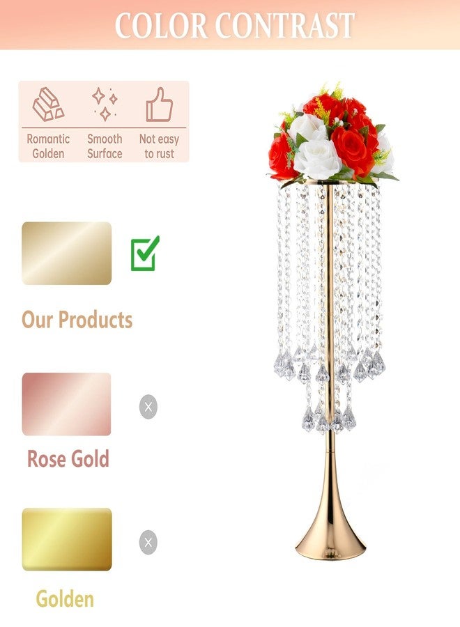 LANLONG 21.88in Gold Wedding Centerpieces for Tables, 2pcs Wedding Flower Stand with Crystal Bead, Metal Tall Vases for Centerpieces Birthday Party Event Decoration - Image 3