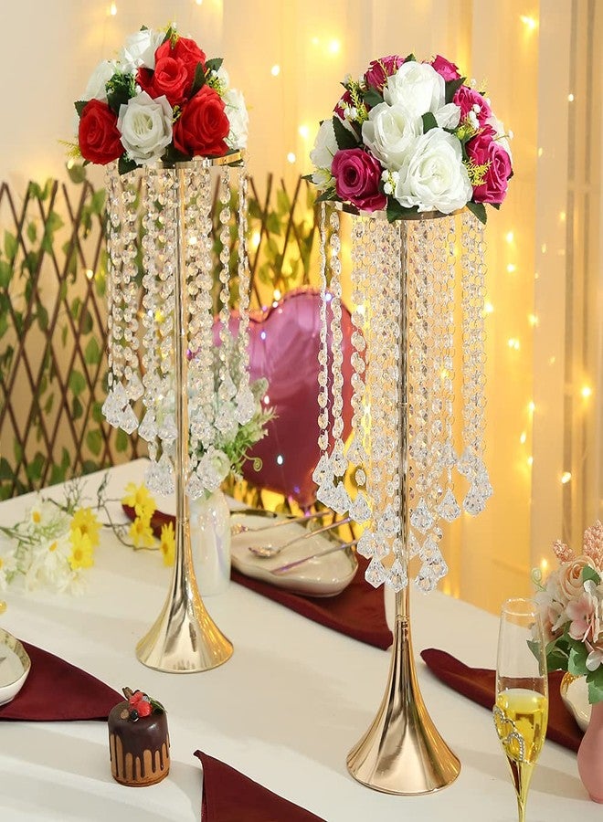 LANLONG 21.88in Gold Wedding Centerpieces for Tables, 2pcs Wedding Flower Stand with Crystal Bead, Metal Tall Vases for Centerpieces Birthday Party Event Decoration - Image 4