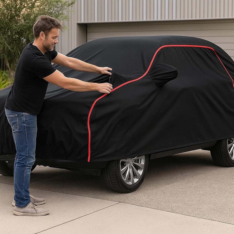 sulfar 100% Water Resistant Car Body Cover Compatible with Mirror for Chevrolet Sail Hatchback (Triple Stitched, Full Bottom Elastic, Black with Red Piping) - Image 5