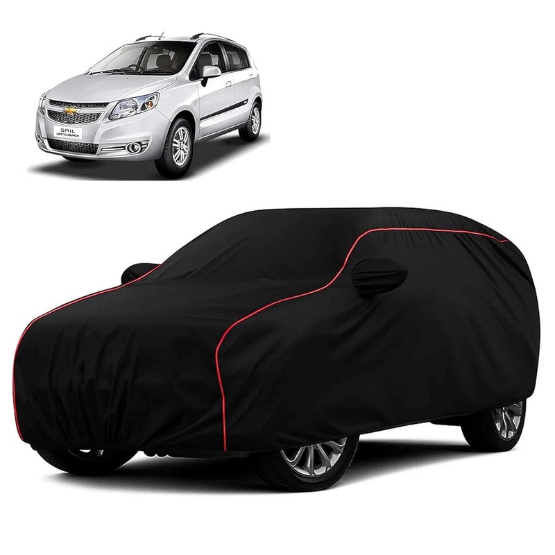 sulfar 100% Water Resistant Car Body Cover Compatible with Mirror for Chevrolet Sail Hatchback (Triple Stitched, Full Bottom Elastic, Black with Red Piping) - Image 1