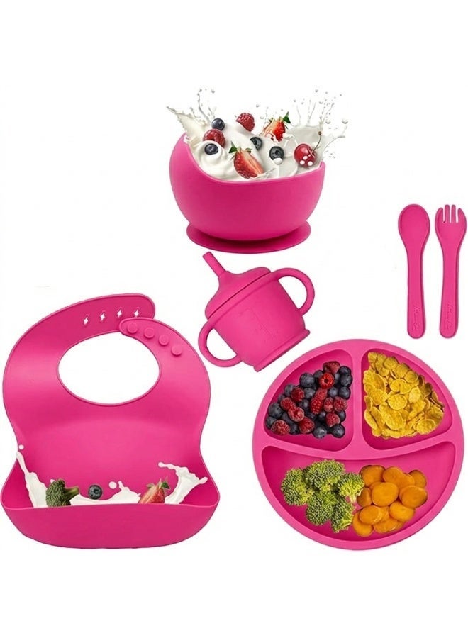 Chicco Silicone Baby Feeding Set 6 Pieces BPA Free Baby Led Weaning Supplies with Suction Bowl Plate Spoon Fork Bib and Sippy Cup Baby Toddler Feeding Dish Set with Divided Plate Snack Cup Straw Cup and Self Feeding Accessories for Infants and Toddlers - neon Pink - Image 2