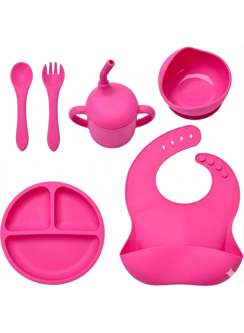 Chicco Silicone Baby Feeding Set 6 Pieces BPA Free Baby Led Weaning Supplies with Suction Bowl Plate Spoon Fork Bib and Sippy Cup Baby Toddler Feeding Dish Set with Divided Plate Snack Cup Straw Cup and Self Feeding Accessories for Infants and Toddlers - neon Pink - Image 1