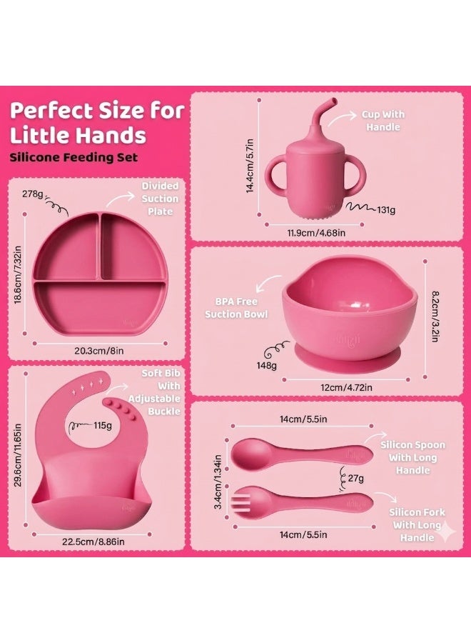 Chicco Silicone Baby Feeding Set 6 Pieces BPA Free Baby Led Weaning Supplies with Suction Bowl Plate Spoon Fork Bib and Sippy Cup Baby Toddler Feeding Dish Set with Divided Plate Snack Cup Straw Cup and Self Feeding Accessories for Infants and Toddlers - neon Pink - Image 3