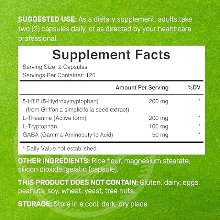 Deal Supplement 5-HTP 200mg Per Serving, 240 Capsules, 98% African Derived Griffonia Seed Extract | 4 in 1 Formula | Plus Active L Theanine, L Tryptophan, & GABA | Relaxation Support Supplement - Image 4