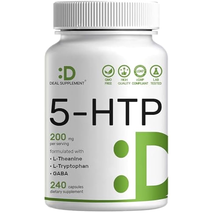 Deal Supplement 5-HTP 200mg Per Serving, 240 Capsules, 98% African Derived Griffonia Seed Extract | 4 in 1 Formula | Plus Active L Theanine, L Tryptophan, & GABA | Relaxation Support Supplement - Image 1