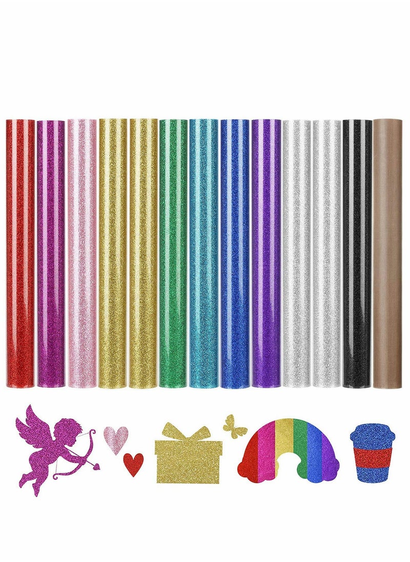 Generic 12 Pcs Glitter HTV Heat Transfer Vinyl Iron on Vinyl, 10 Assorted Colors Heat Press Vinyl for T-Shirts Works, Easy to Cut, 12in x 10in  - Image 1