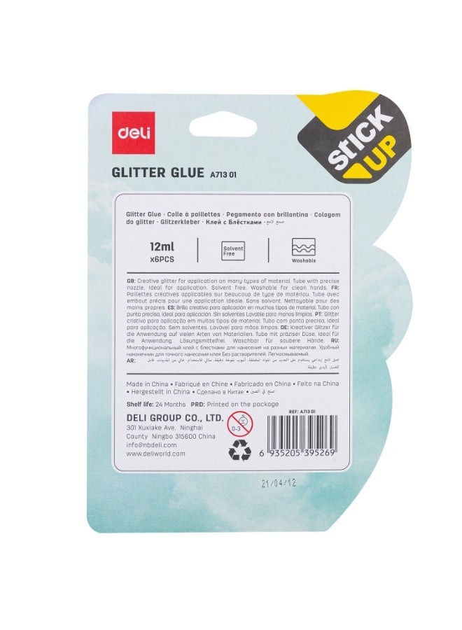 Deli EA71301 Glitter Glue Set 鈥?12ml x 6 Tubes, Assorted Neon Colors, Washable, Solvent-Free, Precise Nozzle for Craft Projects - Image 5