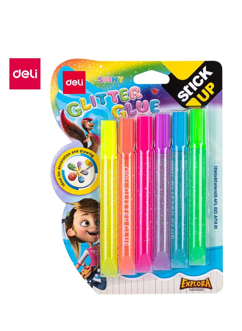 Deli EA71301 Glitter Glue Set 鈥?12ml x 6 Tubes, Assorted Neon Colors, Washable, Solvent-Free, Precise Nozzle for Craft Projects - Image 1