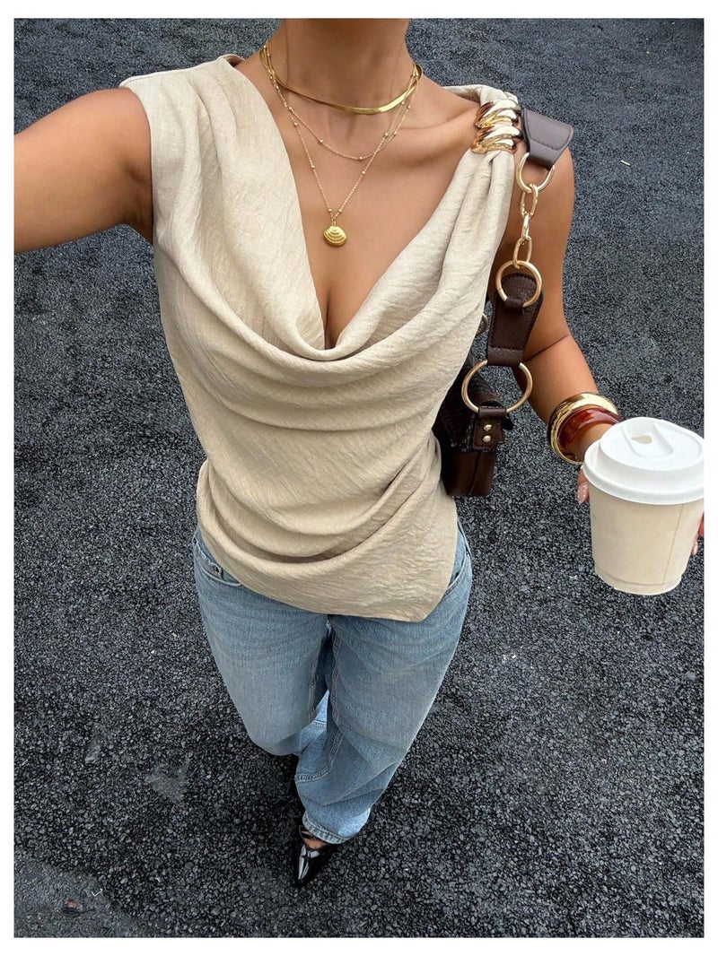 Verdusa Women's Draped Cowl Neck Ruched Sleeveless Tank Top Going Out Tops Elegant Brunch Outfit Apricot Medium - Image 4