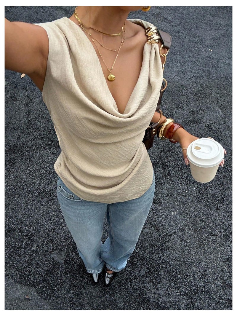 Verdusa Women's Draped Cowl Neck Ruched Sleeveless Tank Top Going Out Tops Elegant Brunch Outfit Apricot Medium - Image 5