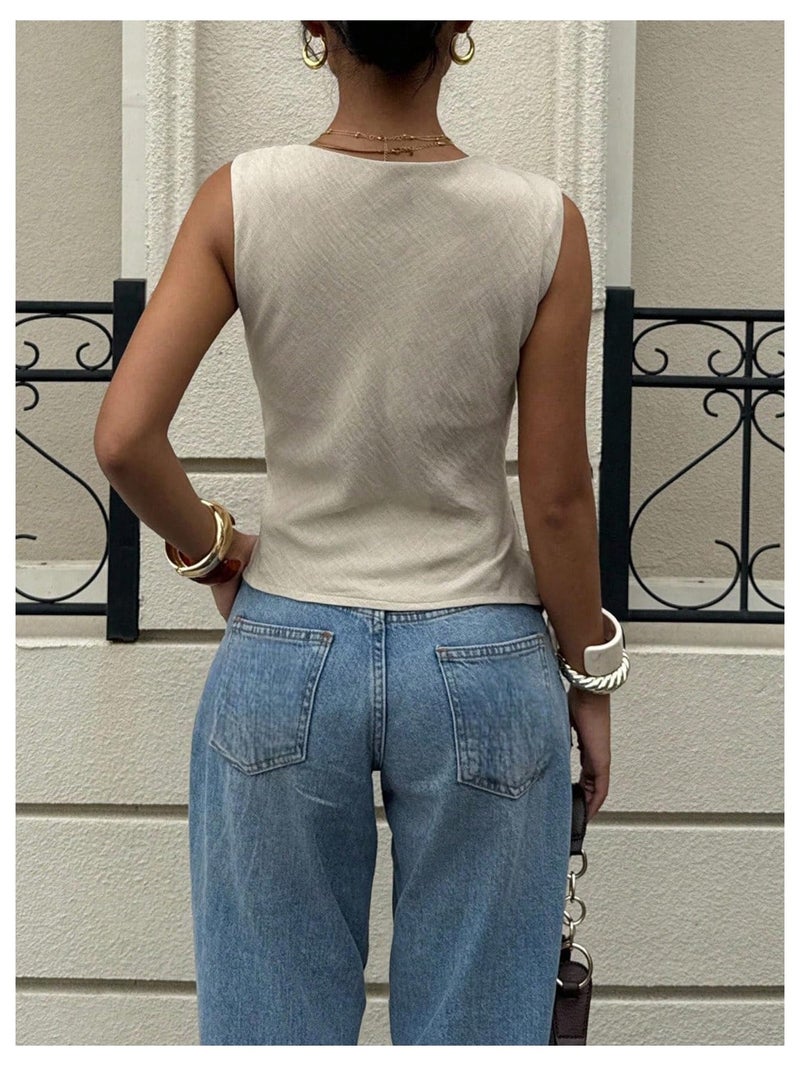 Verdusa Women's Draped Cowl Neck Ruched Sleeveless Tank Top Going Out Tops Elegant Brunch Outfit Apricot Medium - Image 2