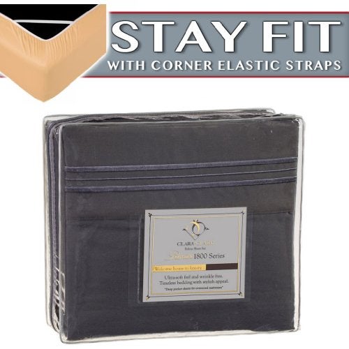 Clara Clark 2000 Series Bed Sheet Sets - Stay fit on mattress with elastic straps at corners - Queen, Charcoal Stone Gray - Image 1