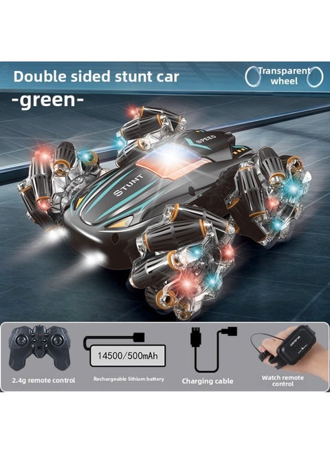 Four-wheel Drive Double-sided Stunt Drift Remote Control Car High-speed Off-road Vehicle Children's 2.4G Remote Control Stunt Car Toy-Color:Green-double-sided Stunt Car [upgrade Wheel Lights + Music] Dual Remote Control-Proportion:Chinese Color Box