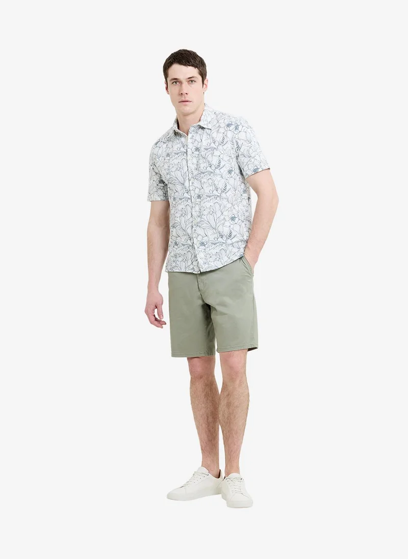 فرنش كونكشن Men's Ecru/Steel Print Ss Ink Flower Printed Shirt