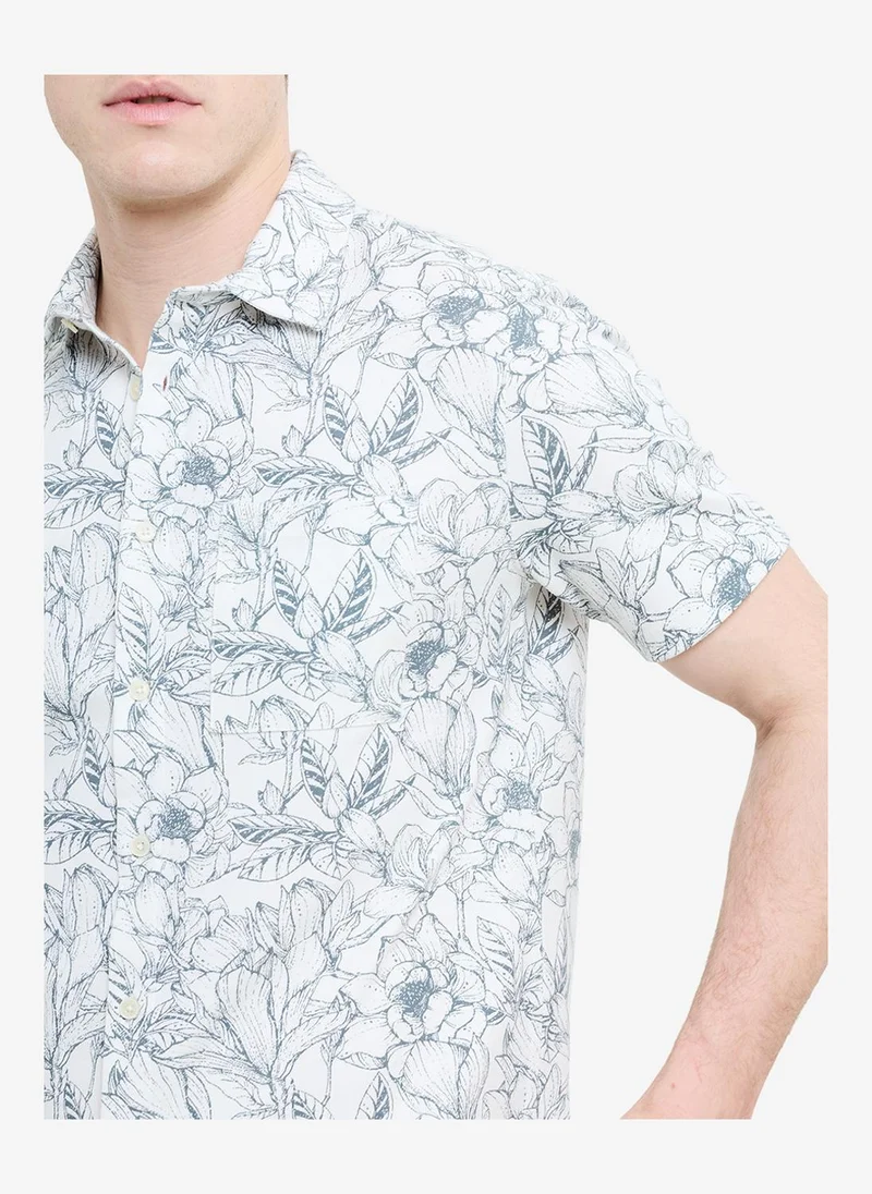 فرنش كونكشن Men's Ecru/Steel Print Ss Ink Flower Printed Shirt