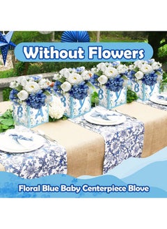 Easy Joy Baby Shower Centerpieces For Boys Floral Blue Baby Centerpiece Blove Flower Boxes Party Arrangement Favor Block Holder Gender Reveal Table Display Boy Decoration Without Flowers (4 Pcs)  - Image 2