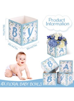 Easy Joy Baby Shower Centerpieces For Boys Floral Blue Baby Centerpiece Blove Flower Boxes Party Arrangement Favor Block Holder Gender Reveal Table Display Boy Decoration Without Flowers (4 Pcs)  - Image 3