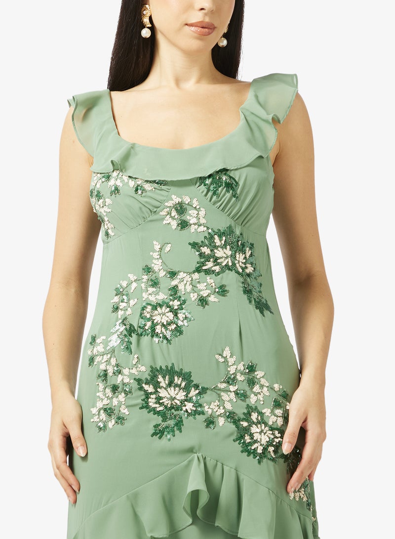 مايا ماكسي مزين بالزهور بتفاصيل كشكش - Image 3