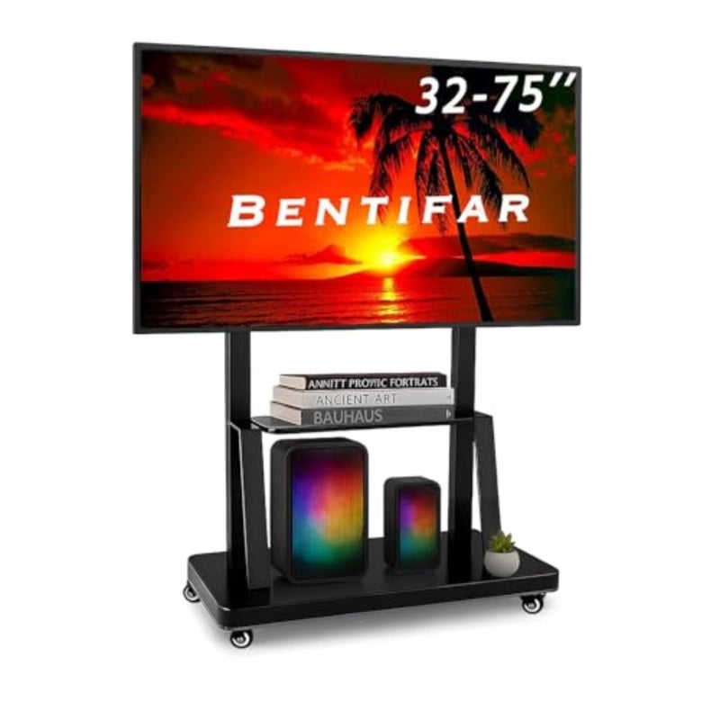 Mobile TV Cart for 32-75 inch LCD LED 4K Flat Curved TVs, 50 55 60 65 70 inch, Heavy Duty Rolling TV Stand with Wheels, Max VESA 600x400 mm up to 110 lbs, Movable Floor Mount Stand with Shelf - Image 1