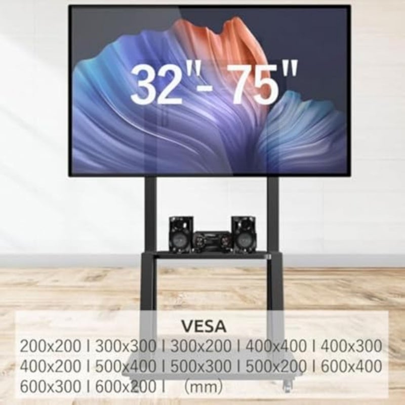 Mobile TV Cart for 32-75 inch LCD LED 4K Flat Curved TVs, 50 55 60 65 70 inch, Heavy Duty Rolling TV Stand with Wheels, Max VESA 600x400 mm up to 110 lbs, Movable Floor Mount Stand with Shelf - Image 3