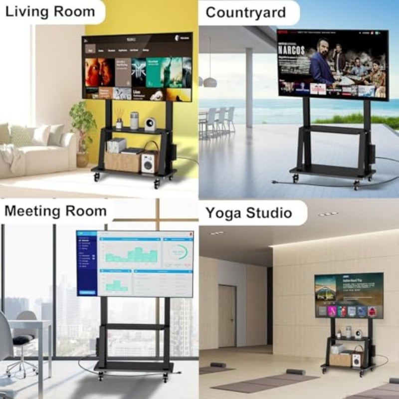 Mobile TV Cart for 32-75 inch LCD LED 4K Flat Curved TVs, 50 55 60 65 70 inch, Heavy Duty Rolling TV Stand with Wheels, Max VESA 600x400 mm up to 110 lbs, Movable Floor Mount Stand with Shelf - Image 4