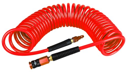 EADUTY Heavy Duty Polyurethane Recoil Air Hose 14 in x 25 ft Lightweight Flexible Compressor Hose with Universal Quick Coupler IM Plug and Bend Restrictors Red - Image 1
