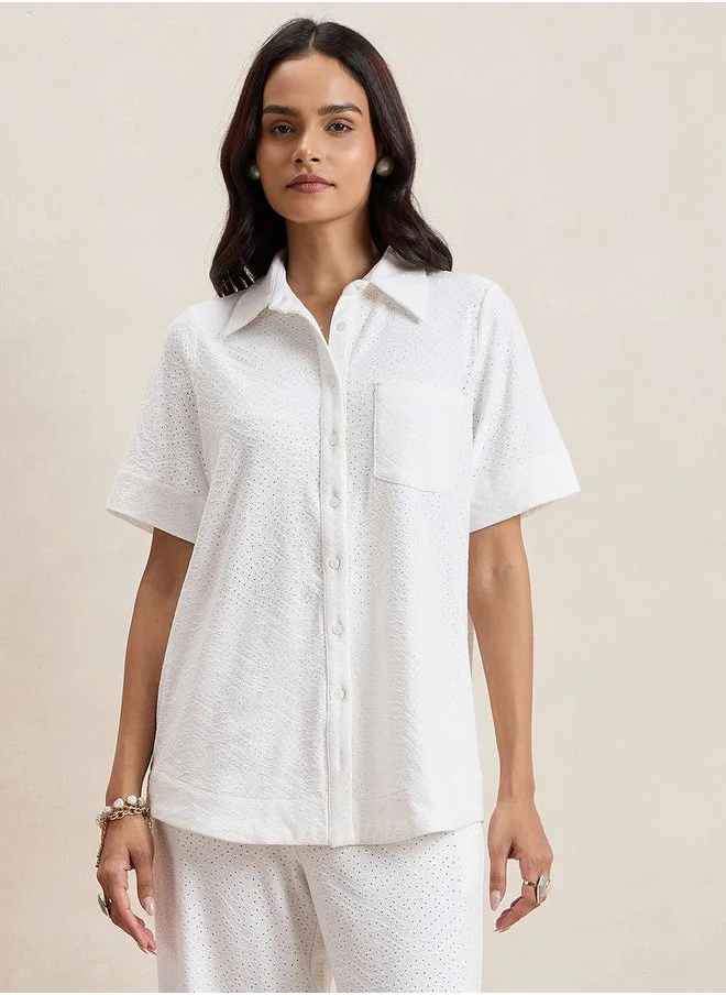 فيميلا Knitted Schiffli Button Down Longline Shirt by Styli