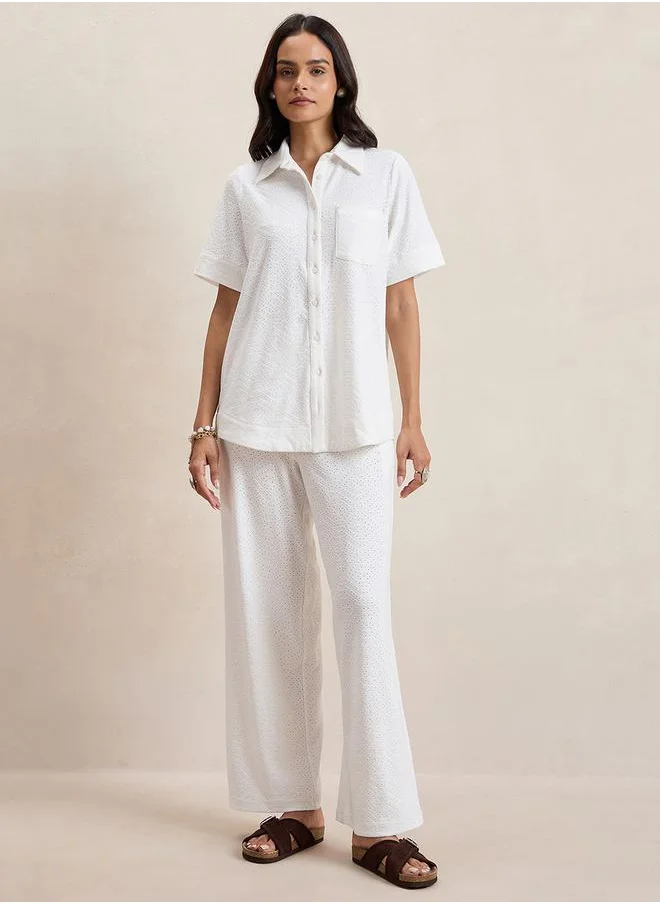 فيميلا Knitted Schiffli Button Down Longline Shirt by Styli