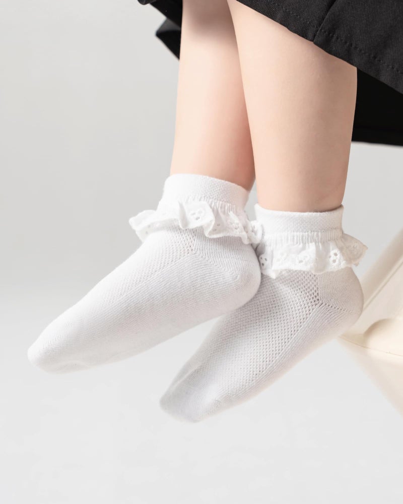 Funjoon 2-8Y Toddler Little Girls Cute White Ruffle Socks Dress Lace Frilly Ankle Cotton School Socks, white 2-4Y - Image 5