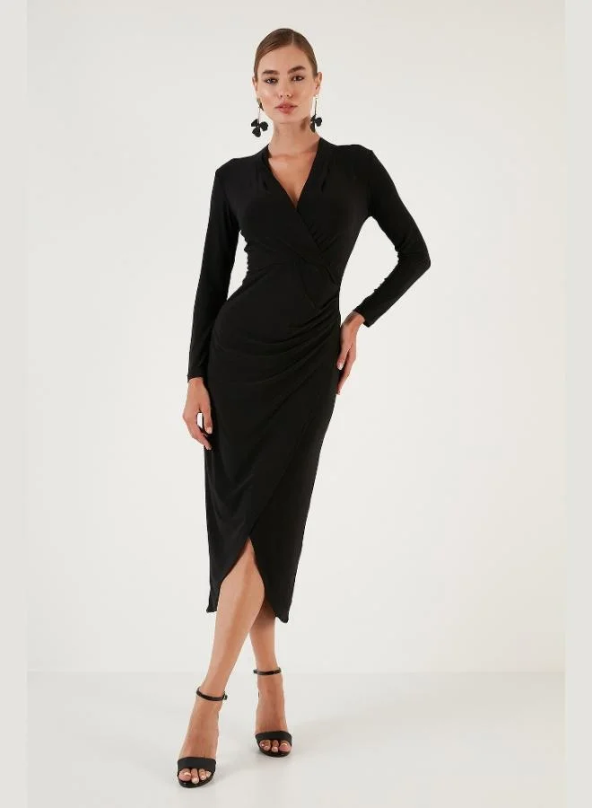 Lela  Lela Wrap Neckline Slit Drape Detail Midi Evening Dress Women's Dress 611EL1769 for Women | Best Price UAE