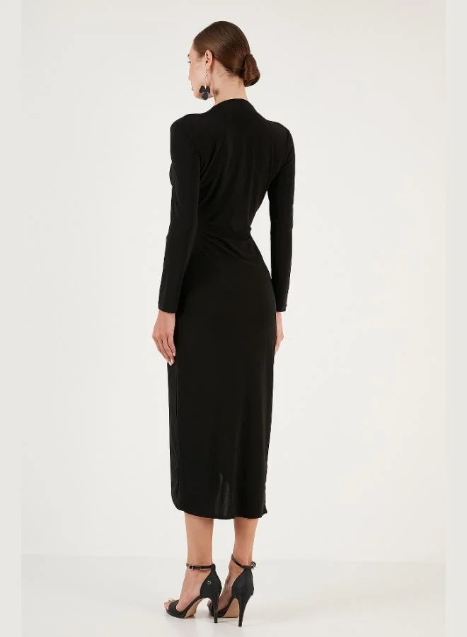 Lela  Lela Wrap Neckline Slit Drape Detail Midi Evening Dress Women's Dress 611EL1769 for Women | Best Price UAE