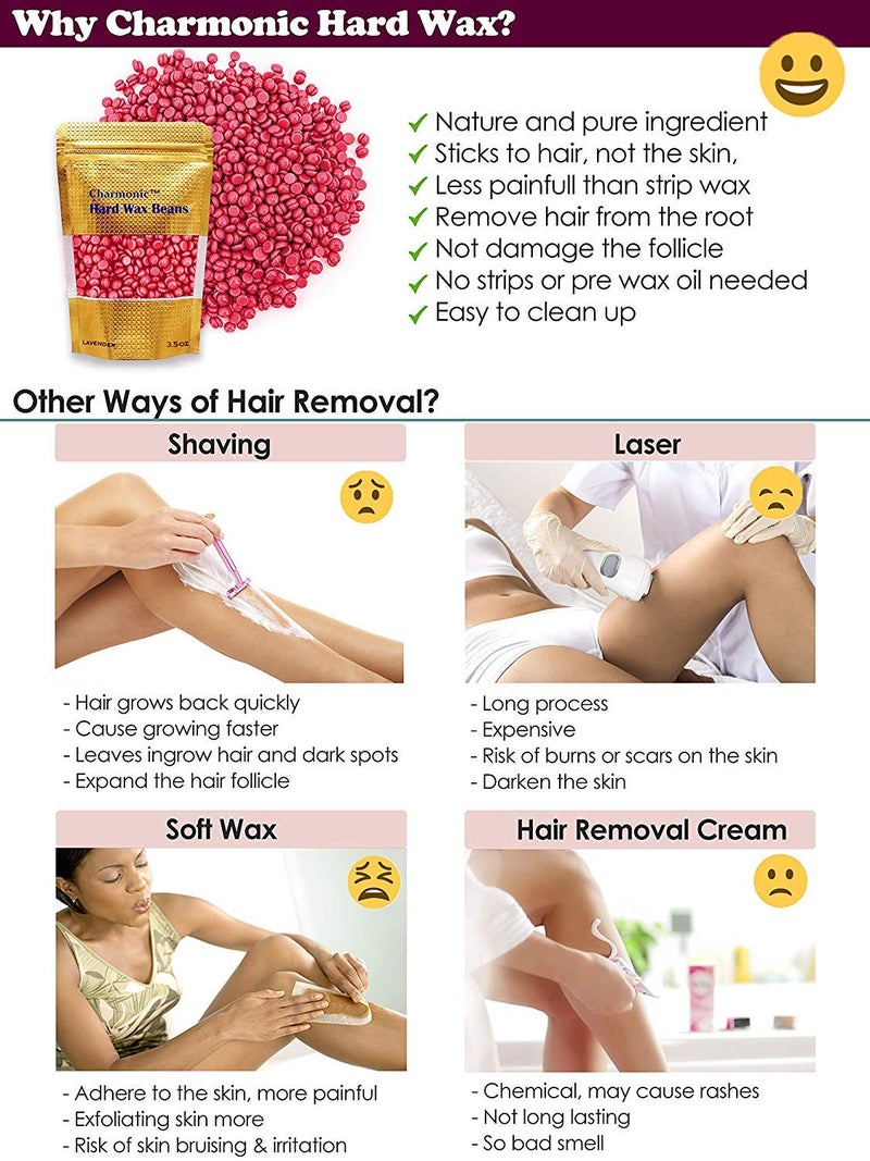 Charmonic Depilatory Wax, 17.5 Oz Hard Body Wax Beans for Women Men, Hair Removal European Beads 500g/1.1 lb (rose) - Image 5