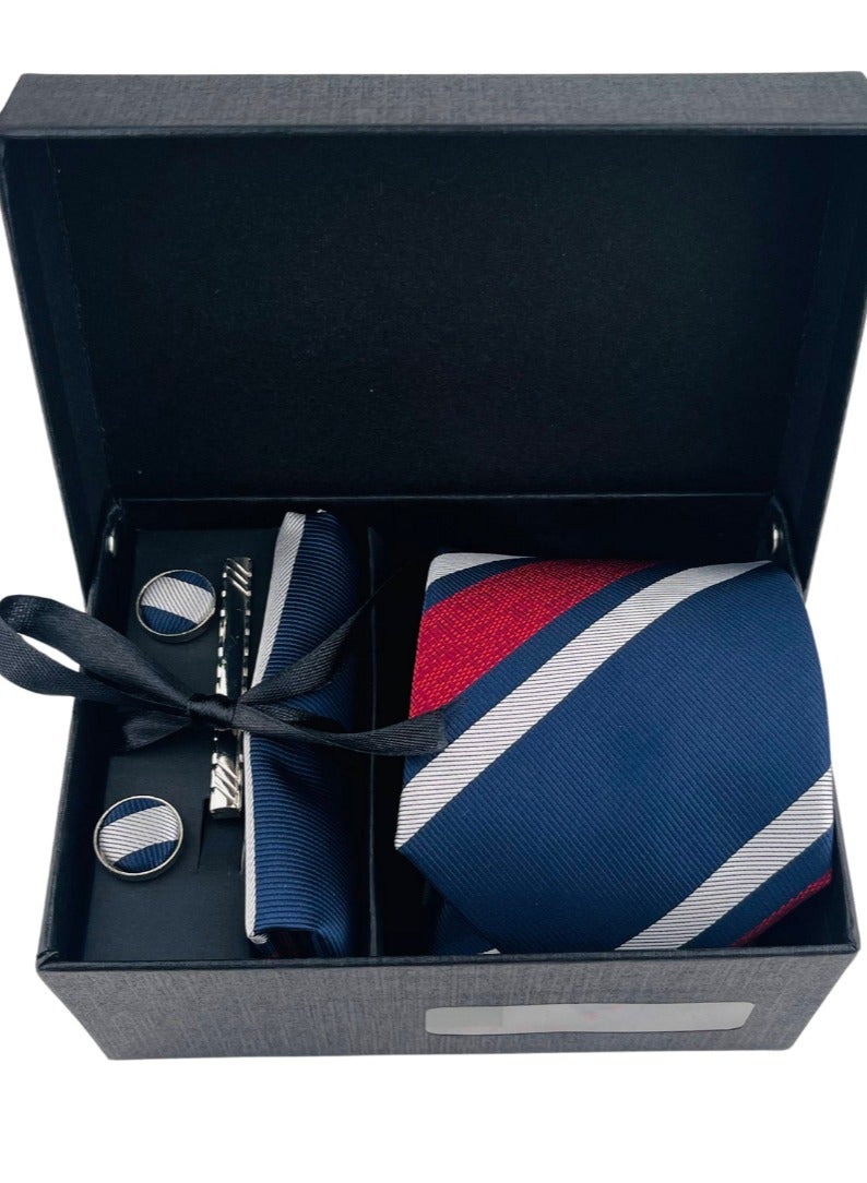 LUXURY GIFT HANDMADE SILK NECK TIE MEN POCKET SQUARE TIE SET MEN SUIT'S ACCESSORIES Men's| 4 ITEMS IN ONE BOX (blue/red)  - Image 2