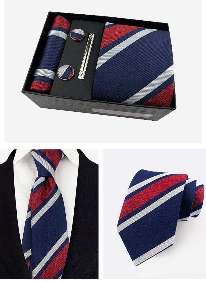 LUXURY GIFT HANDMADE SILK NECK TIE MEN POCKET SQUARE TIE SET MEN SUIT'S ACCESSORIES Men's| 4 ITEMS IN ONE BOX (blue/red)  - Image 3